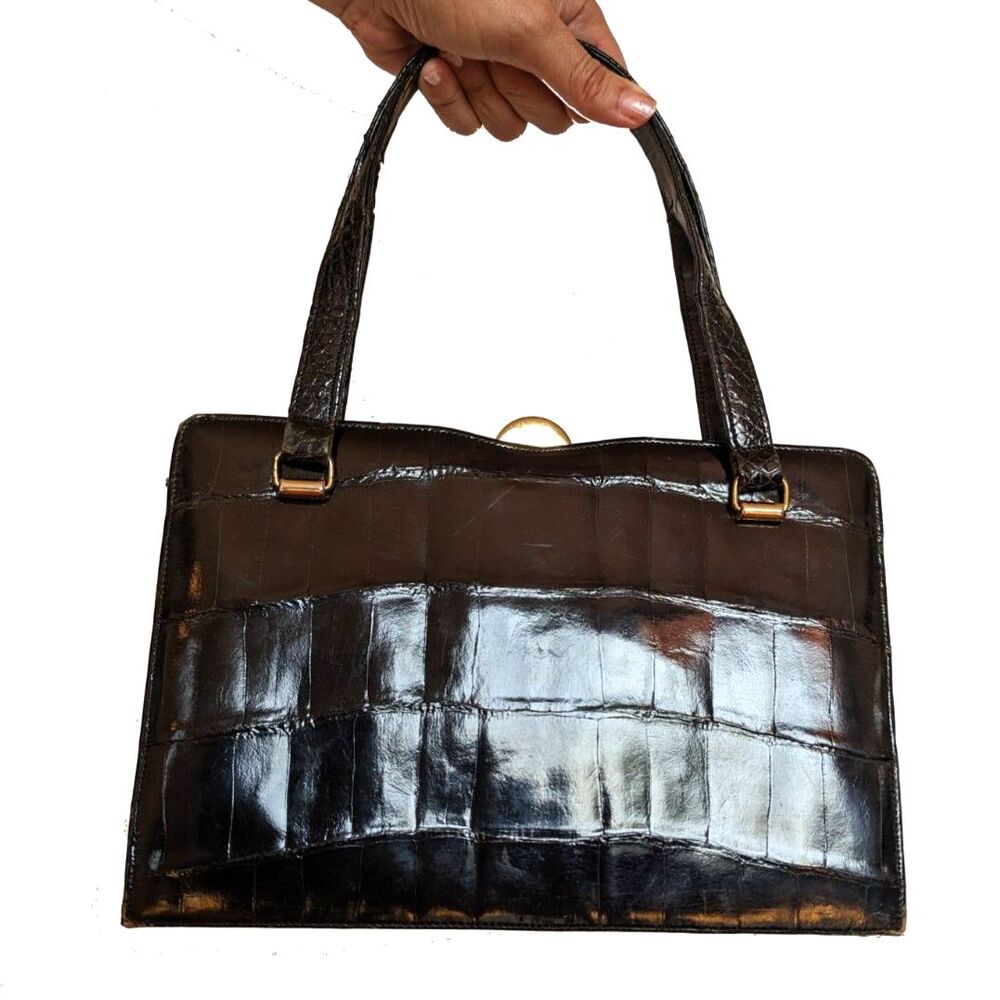 RARE 50s BELLESTONE Double Handle 3 Compartment Brass Hardware Alligator Handbag